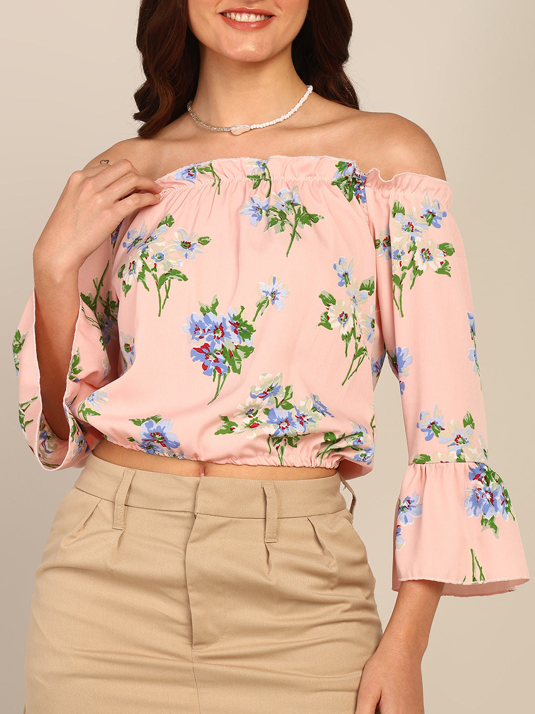 Peach Floral Off Shoulder Top for Women with Bell Sleeves