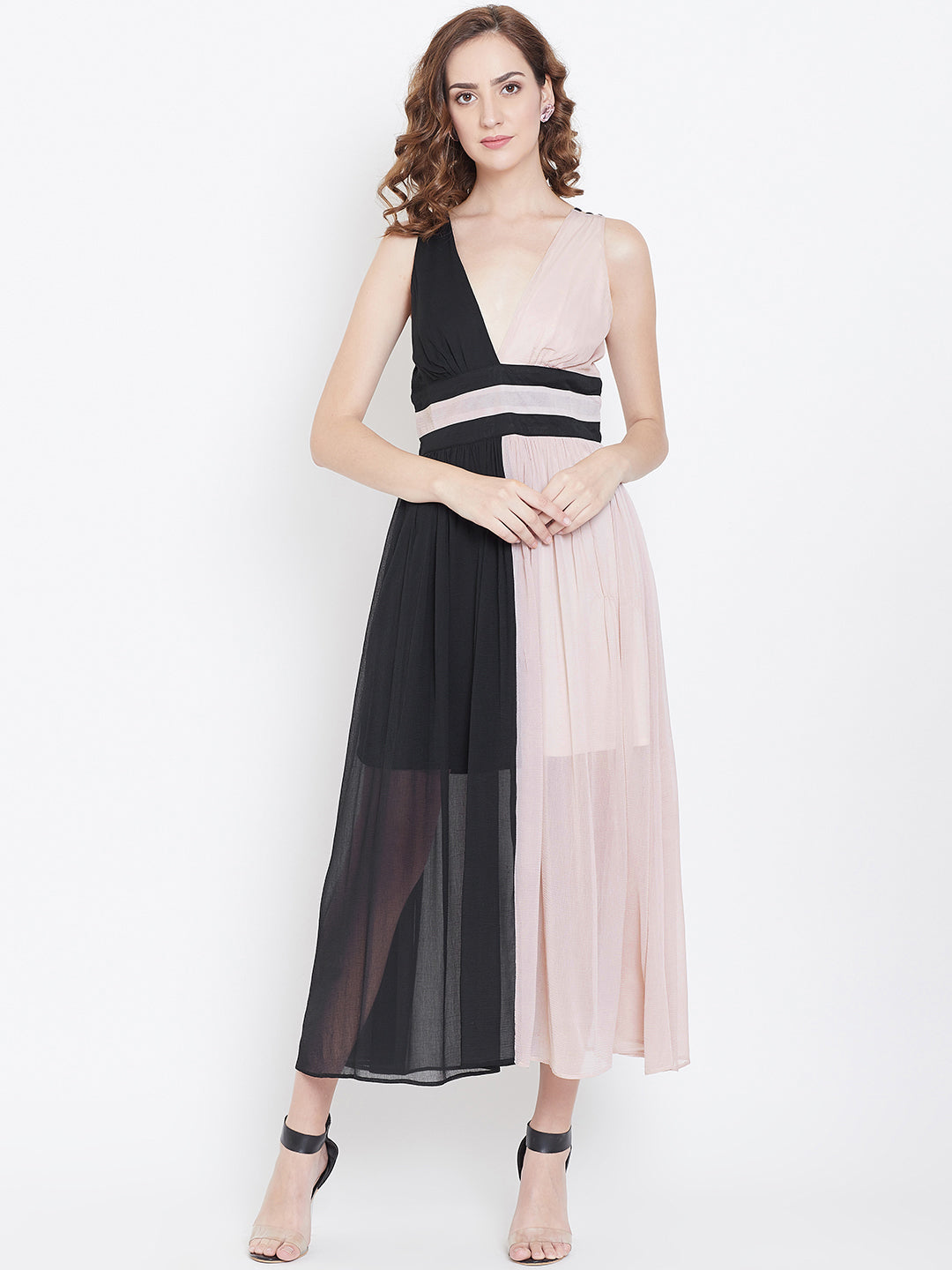 Sleeveless V-Neck Midi Dress in Black and Blush
