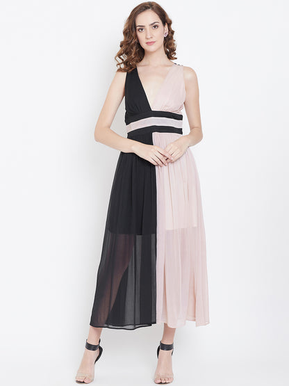 Sleeveless V-Neck Midi Dress in Black and Blush