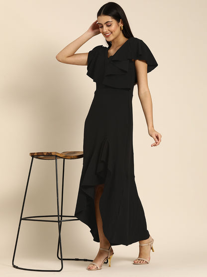 Black Ruffle Sleeve High Low Maxi Dress