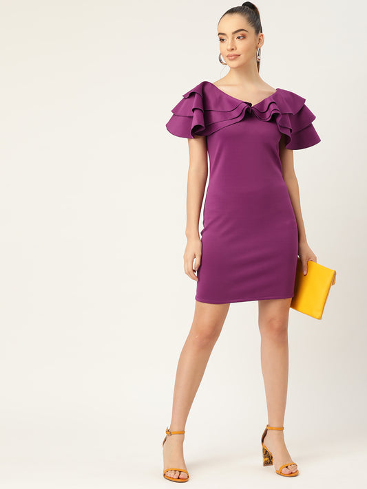 Purple Ruffle Sleeve Bodycon Mini Dress for Women