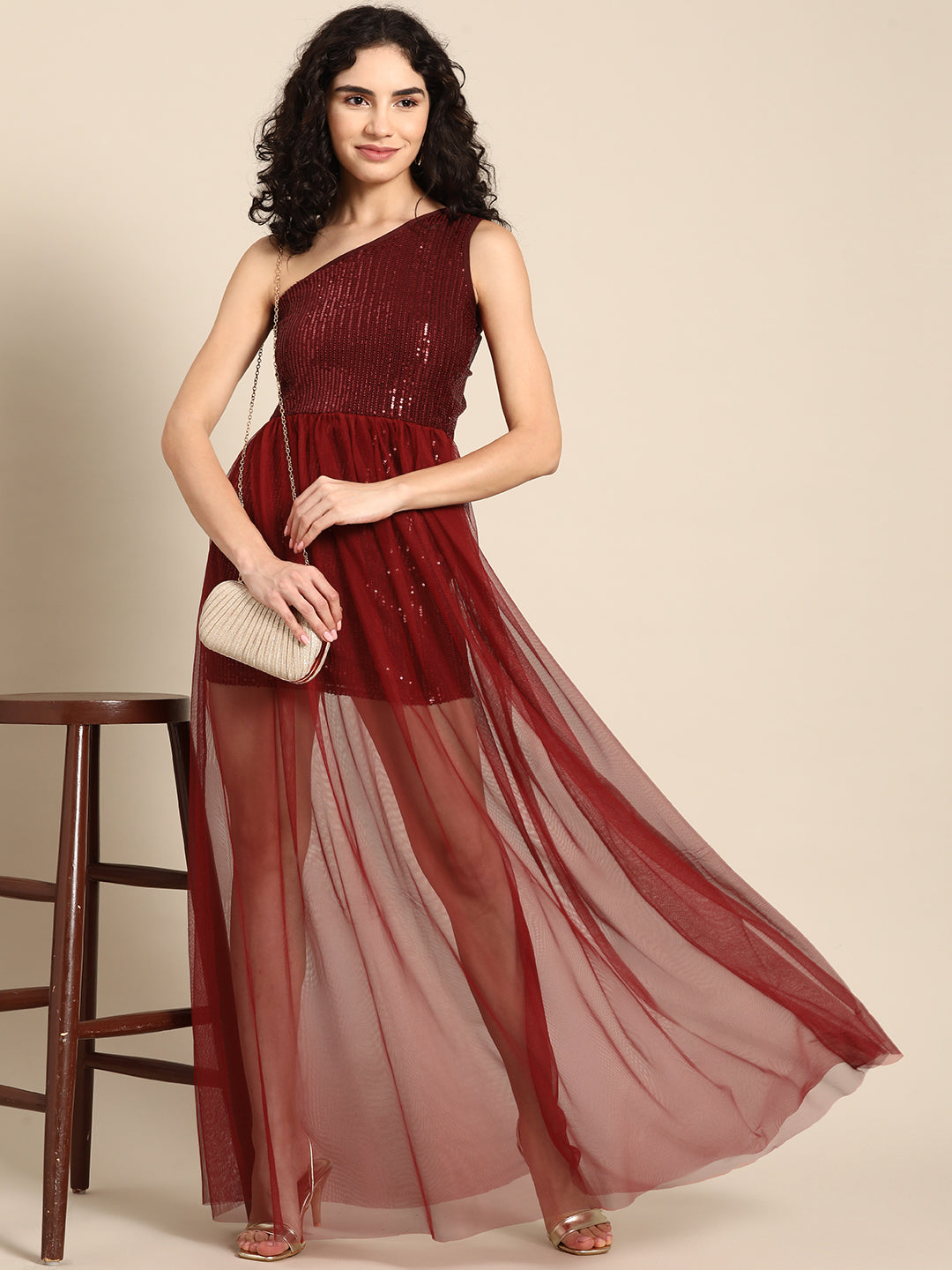 Maroon One-Shoulder Sequin Mesh Overlay Party Dress