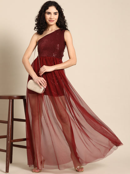 Maroon One-Shoulder Sequin Mesh Overlay Party Dress