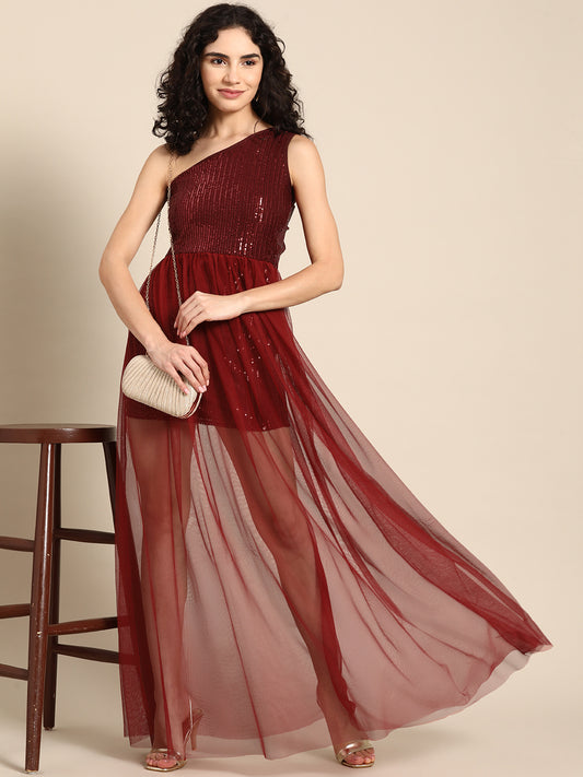 Maroon One-Shoulder Sequin Mesh Overlay Party Dress