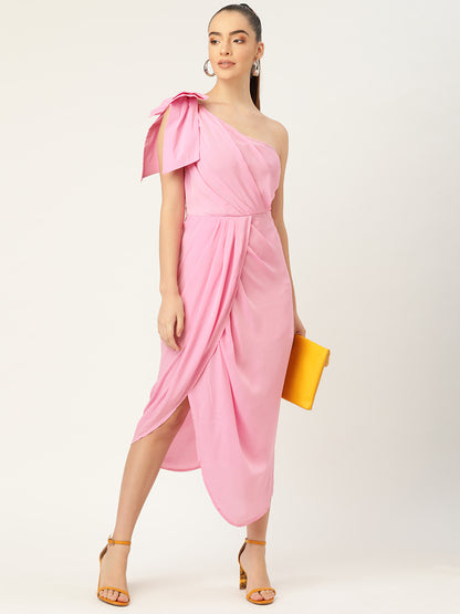 Women Pink One Shoulder Bow Detail Draped Midi Dress