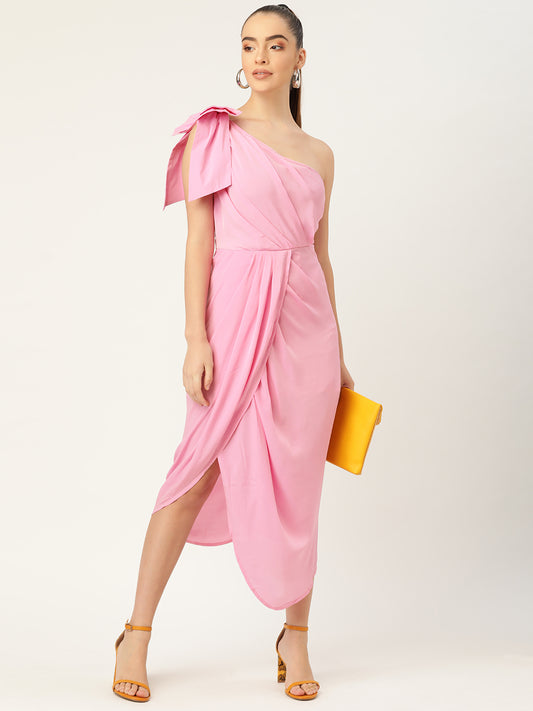 Women Pink One Shoulder Bow Detail Draped Midi Dress