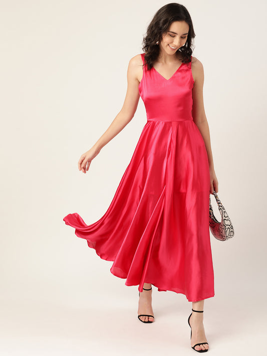 Women Pink Sleeveless Satin V-Neck Maxi Dress