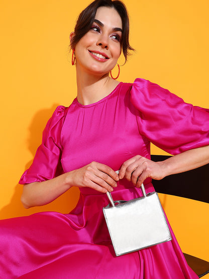 Pink Satin Flare Mini Dress for Women Puff Sleeve Party Outfit