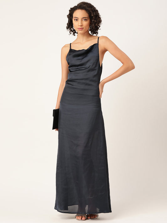 Elegant Black Satin Maxi Dress with Spaghetti Straps for Women