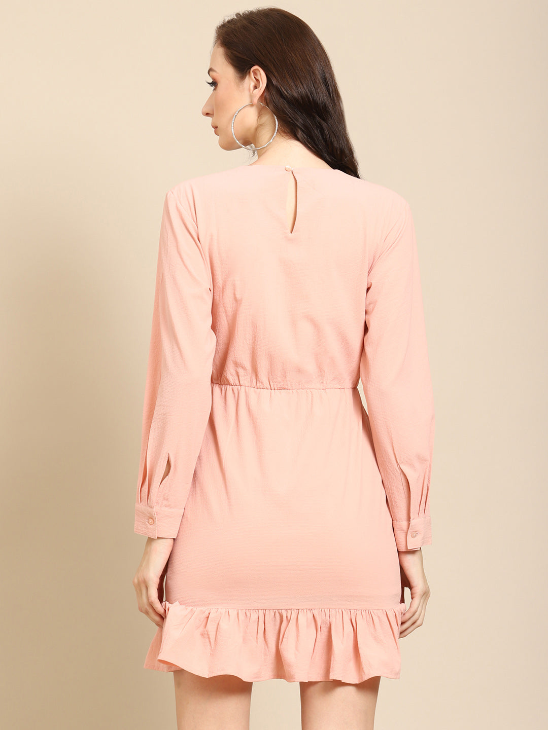 Chic Peach Long Sleeve Mini Dress with Ruffle Hem for Women