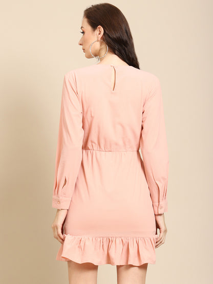 Chic Peach Long Sleeve Mini Dress with Ruffle Hem for Women