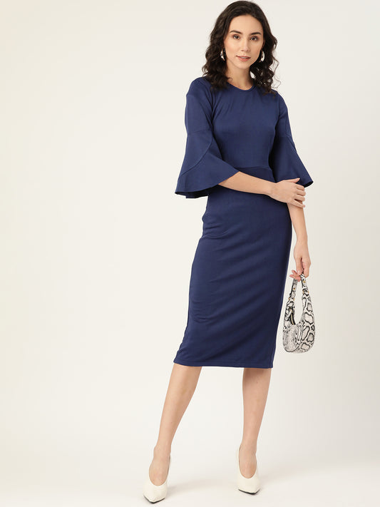 Navy Blue Bell Sleeve Bodycon Midi Dress for Women