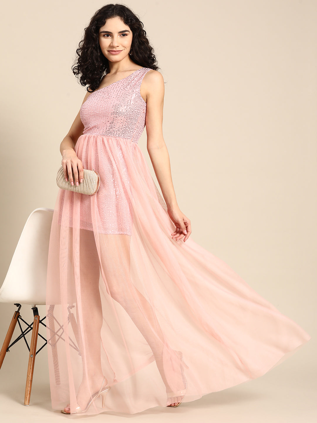 Baby Pink One-Shoulder Sequin Net Overlay Party Dress