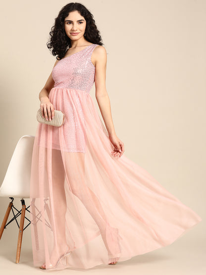 Baby Pink One-Shoulder Sequin Net Overlay Party Dress