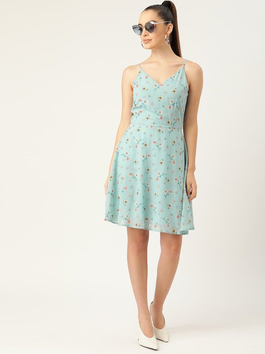 Blue Floral Print Spaghetti Strap A-Line Dress