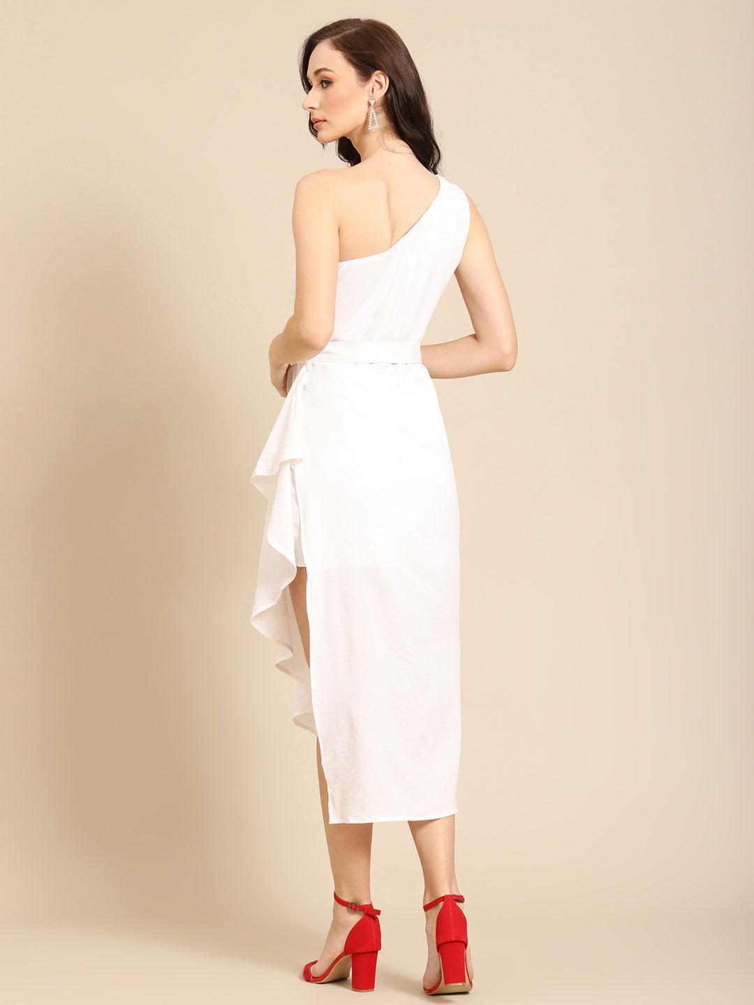Elegant White One-Shoulder Asymmetric Dress for Women | Belted Party Dress