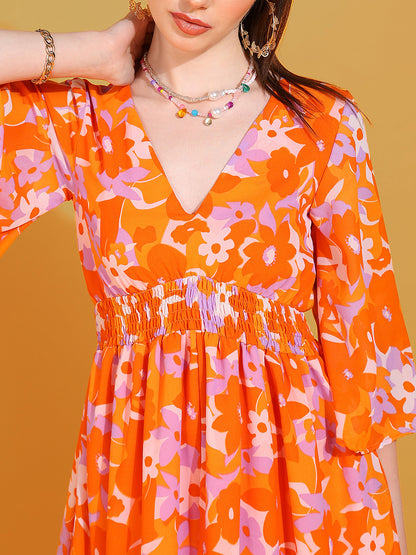 Women's Orange Floral Print Maxi Dress with V-Neck and Flared Sleeves
