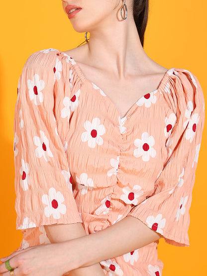Peach Floral Ruched Mini Dress with Puff Sleeves | Summer Casual Wear