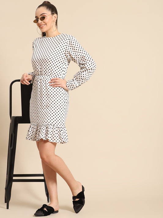 White Polka Dot Mini Dress for Women | Long Sleeve Casual Ruffle Hem Outfit
