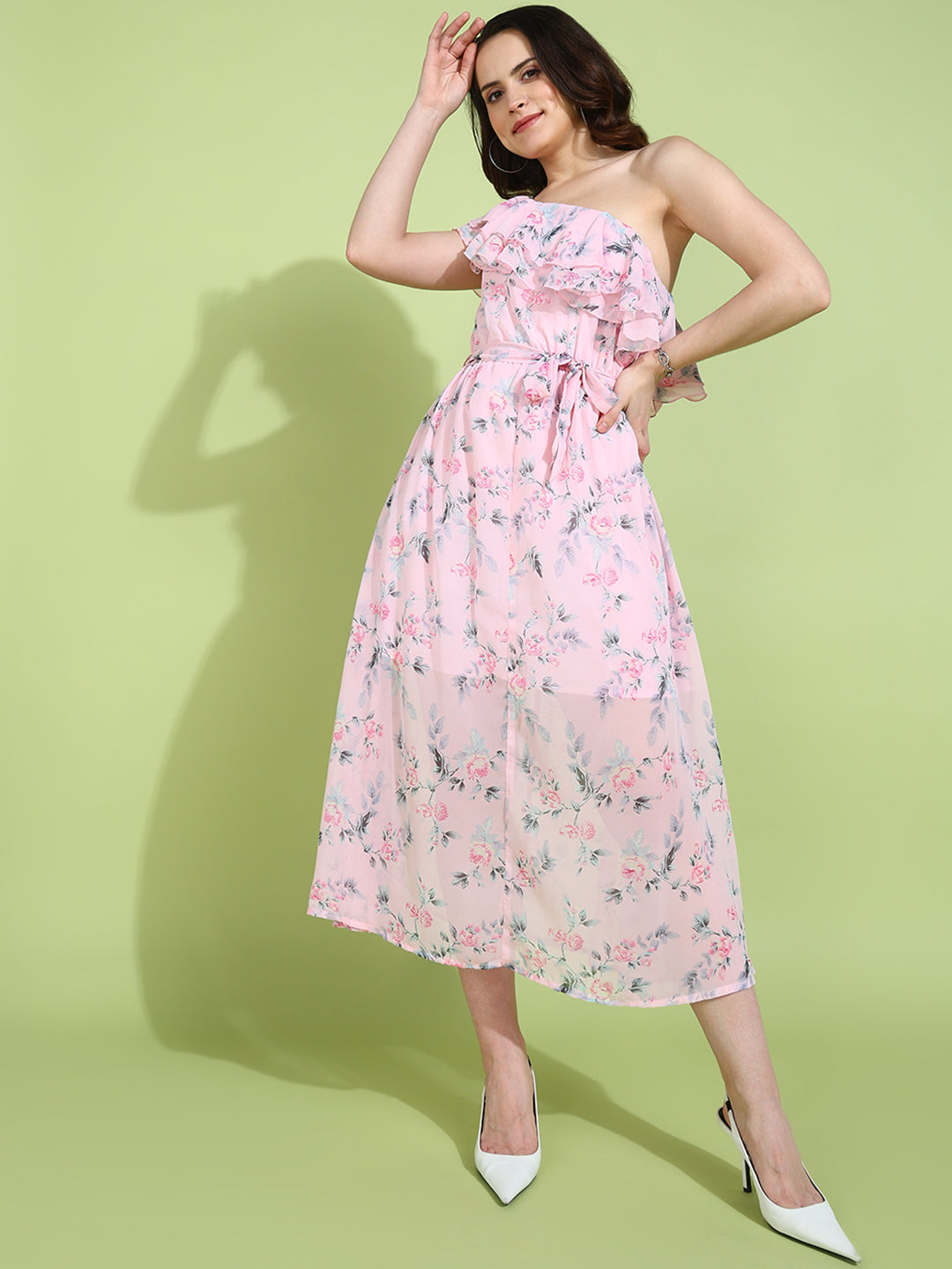 Pink One Shoulder Floral Ruffle Midi Dress for Women | Elegant Summer Dress