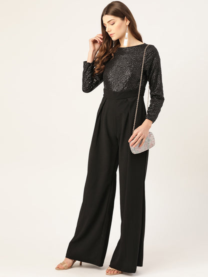 Elegant Black Sequin Top and High-Waisted Wide-Leg Pants Jumpsuit for Women