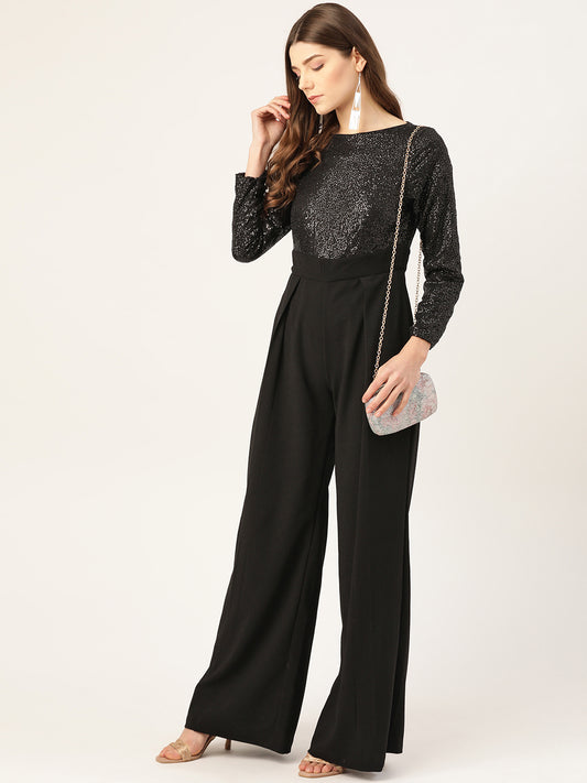 Elegant Black Sequin Top and High-Waisted Wide-Leg Pants Jumpsuit for Women