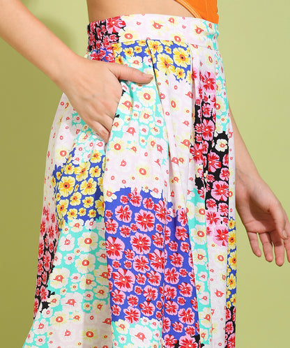 Floral Midi Skirt with Vibrant Colors and Pleated Design for Women