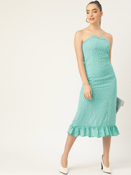 Elegant Mint Green Polka Dot Strapless Midi Dress with Ruffle Hem