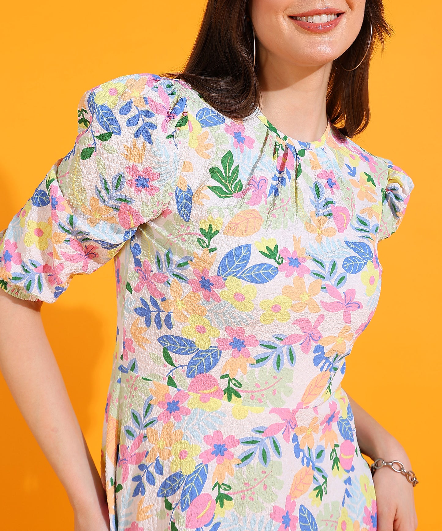 White Floral Print Midi Dress | Puff Sleeve Summer A-Line Dress