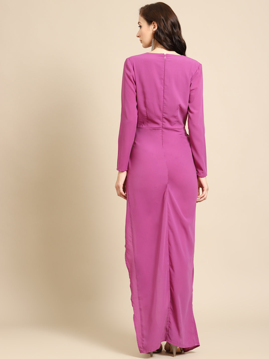 Elegant Magenta Wrap Style Long Slit Evening Dress for Women
