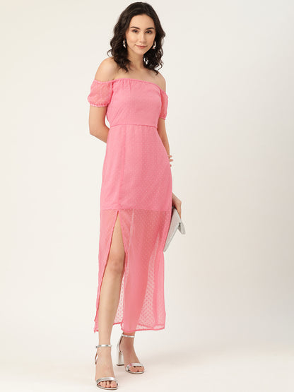 Chic Pink Off-Shoulder Maxi Dress for Women – Sheer Slit Party Wear Summer Outfit