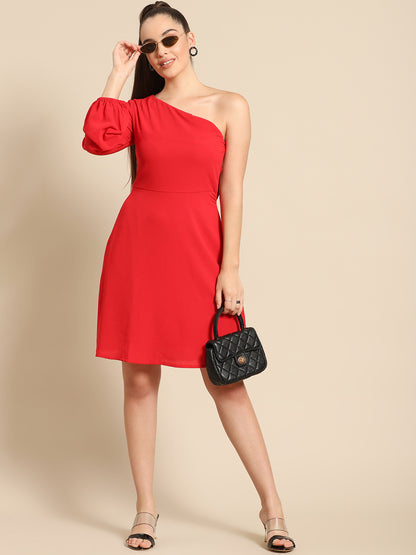 Red One Shoulder A-Line Mini Dress for Women | Stylish Casual Party Wear