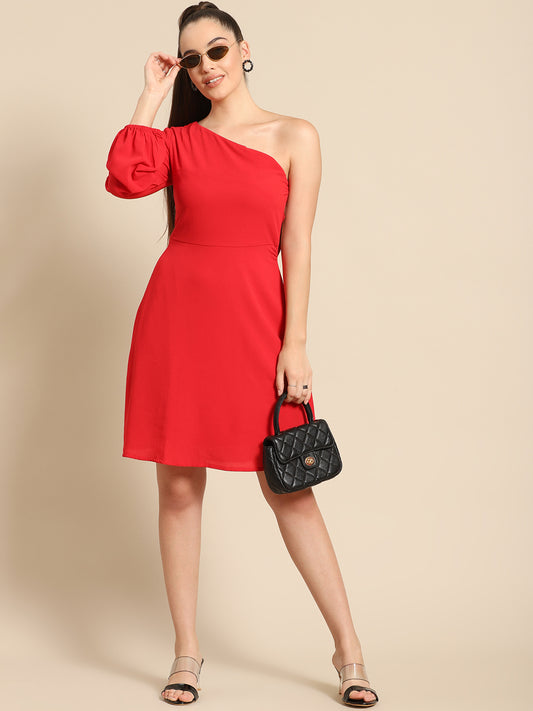 Red One Shoulder A-Line Mini Dress for Women | Stylish Casual Party Wear