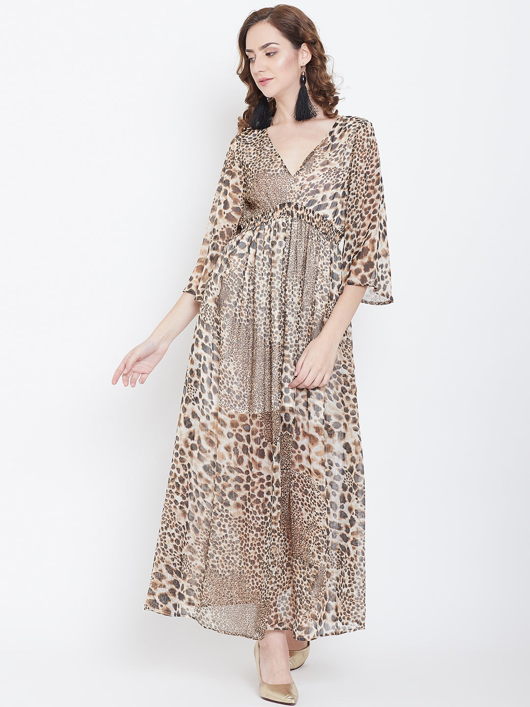 Animal Print Flowy Maxi Dress with Deep Neck and Bell Sleeves