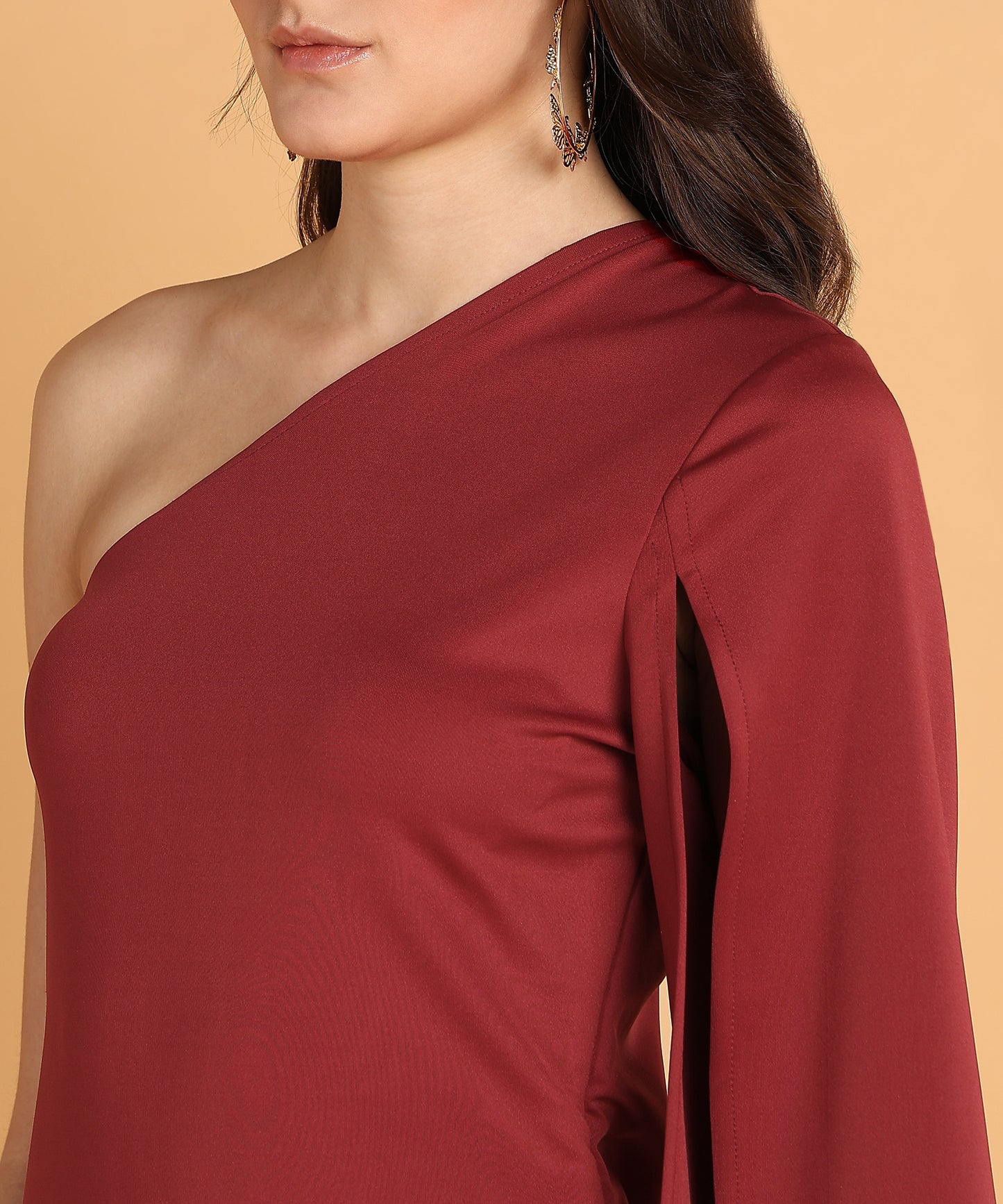 Maroon One-Shoulder Bodycon Mini Dress with Flared Sleeve for Women