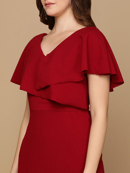 Elegant Maroon Ruffle High Low Dress for Women | Party Wear Midi Dress