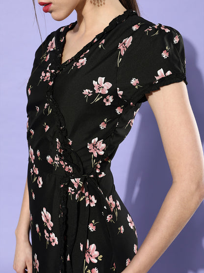 Black Floral Wrap Dress Elegant Puff Sleeve A-Line for Day & Night