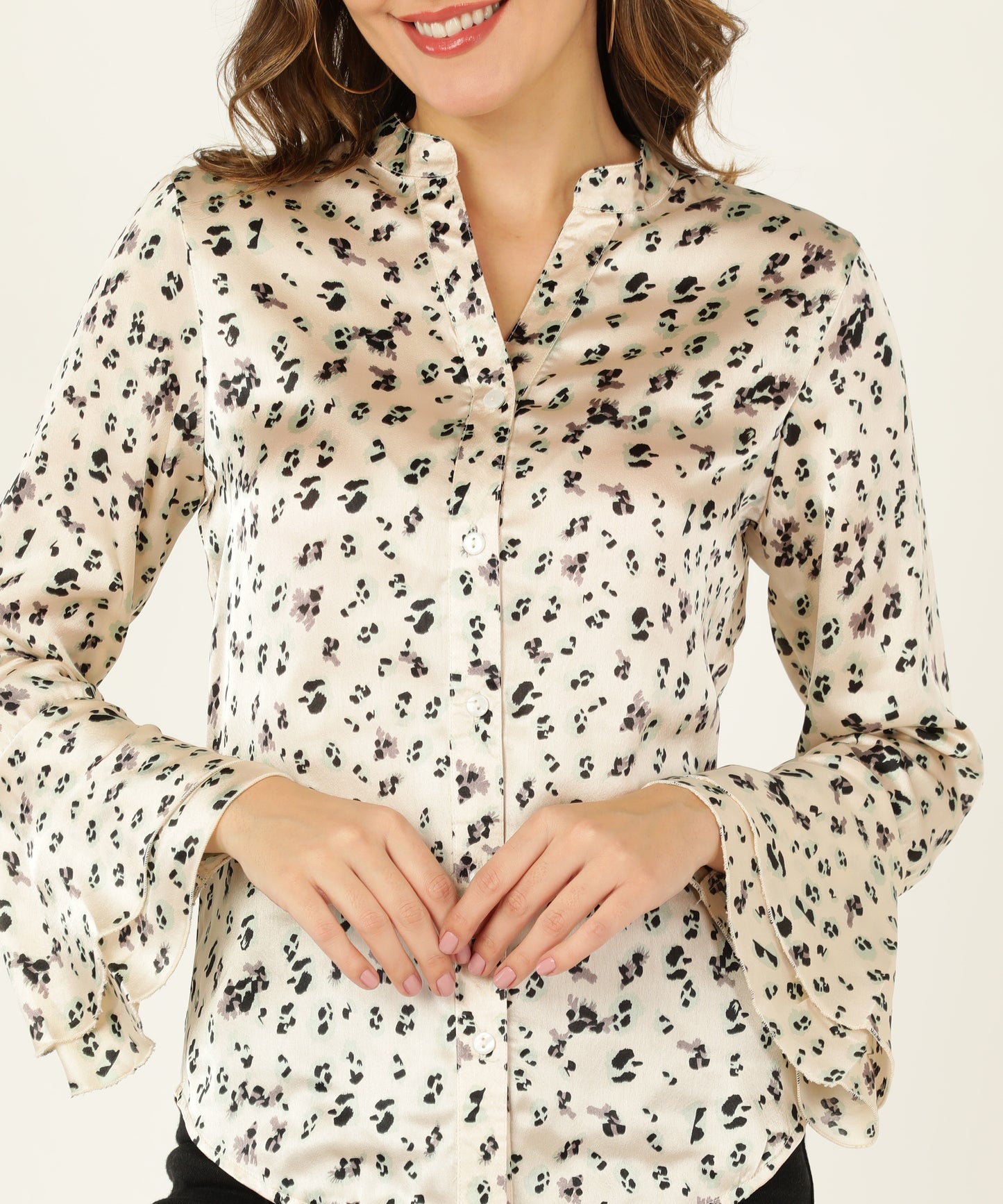 Women's Cream Satin Animal Print Shirt with Flared Sleeves