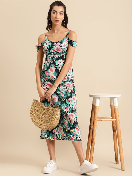 Women Black Floral Print Cold Shoulder Midi Dress