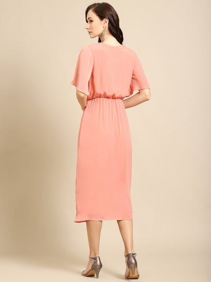 Elegant Peach Midi Dress for Women | Stylish V-Neck Tie-Waist Dress