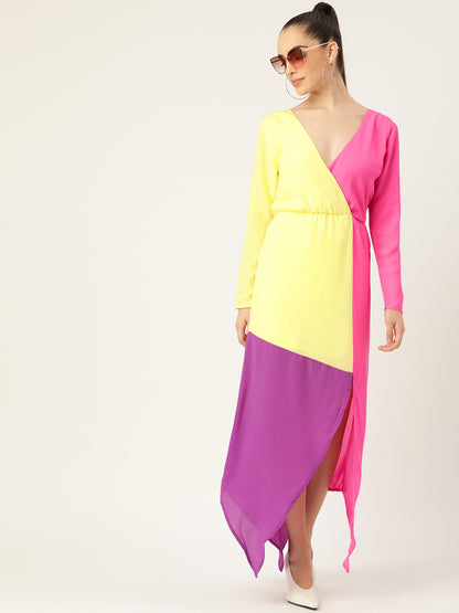 Women Color Block Maxi Dress with Deep V Neck and Front Slit