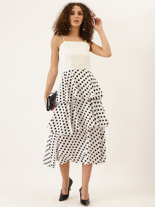 Women's White Spaghetti Strap Tiered Midi Dress with Black Polka Dots Stylish Layered Design