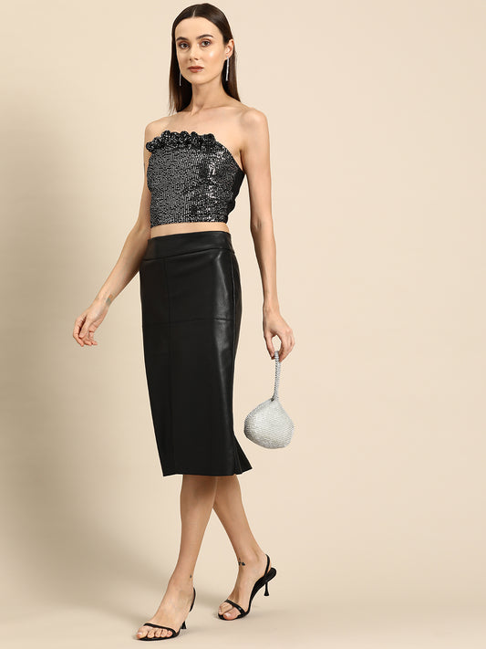 Black Sequin Strapless Crop Top with Floral Neckline Detailing for Women