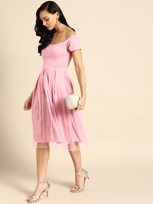 Elegant Pink Midi Dress for Women | Short Sleeve Fit and Flare Party Wear Outfit