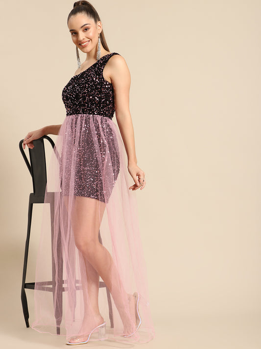 Stylish One Shoulder Sequin Black and Pink Net Dress for Women | Party Wear Gown