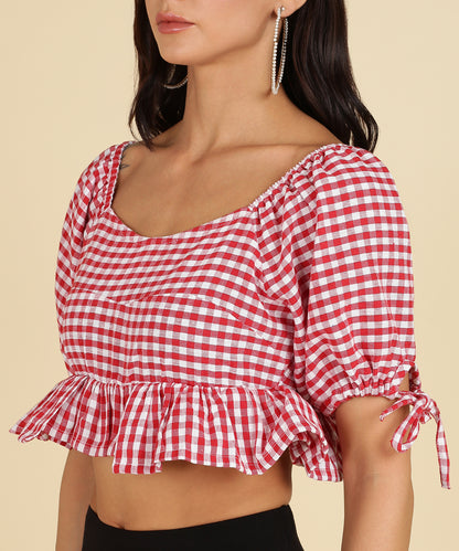 Women's Red Check Puff Sleeve Crop Top – Ruffled Hem Peplum Blouse for Summer & Casual Wear
