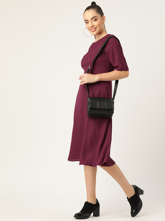 Wine A-Line Midi Dress with Half Sleeves