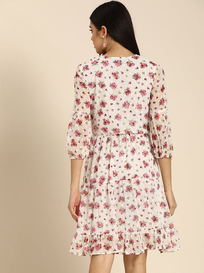 White Floral Chiffon Tiered Mini Dress with Sheer Sleeves – Casual & Brunch Wear