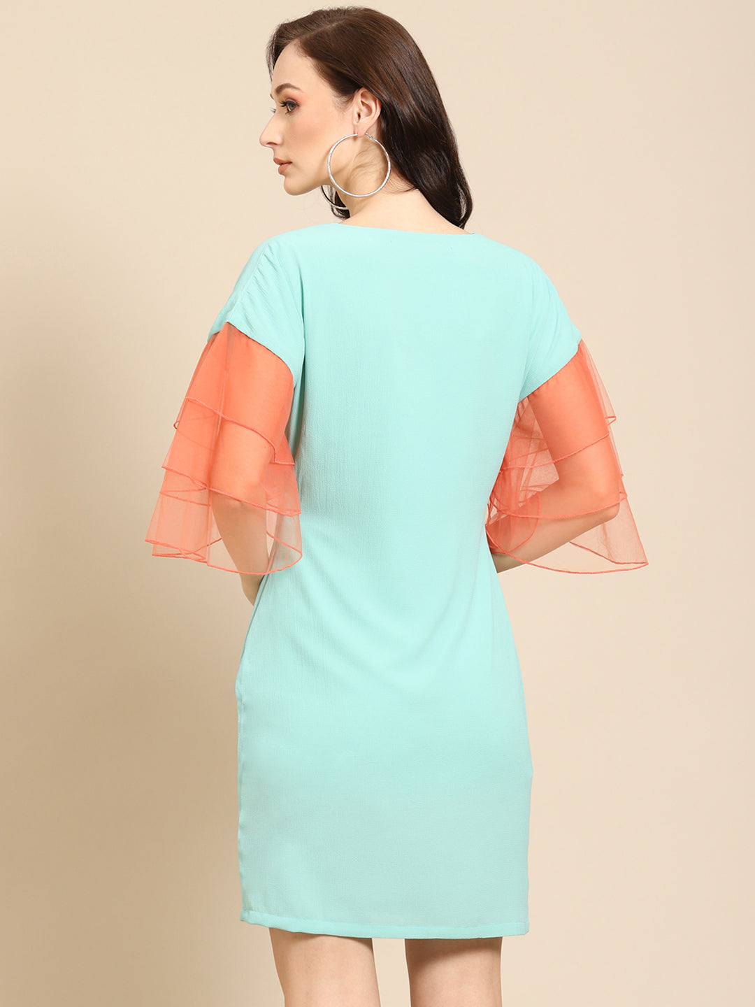 Mint Green Mini Dress with Orange Organza Ruffle Sleeves – Trendy Casual & Party Wear for Women