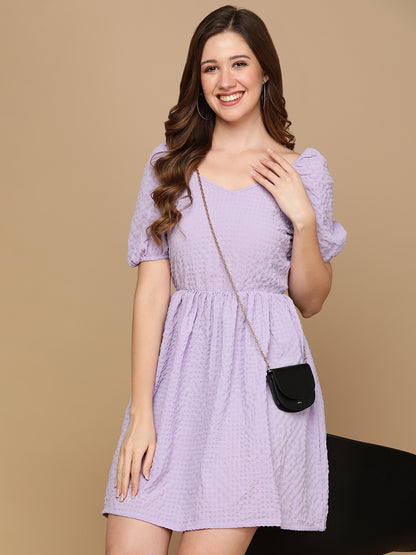 Lavender Textured Mini Dress for Women – Puff Sleeve Casual Fit and Flare Dress